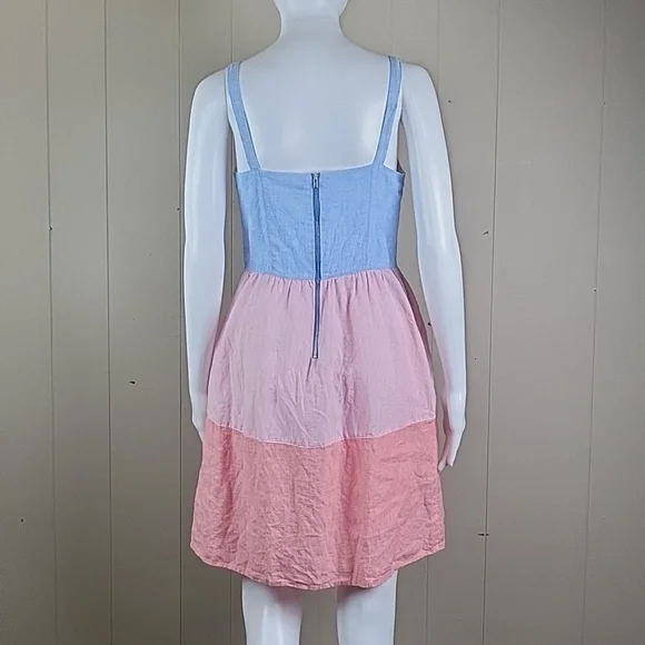 Cynthia Rowley 100% Linen Pink & Blue Chambray Color Block Tiered Sundress - Picture 8 of 16
